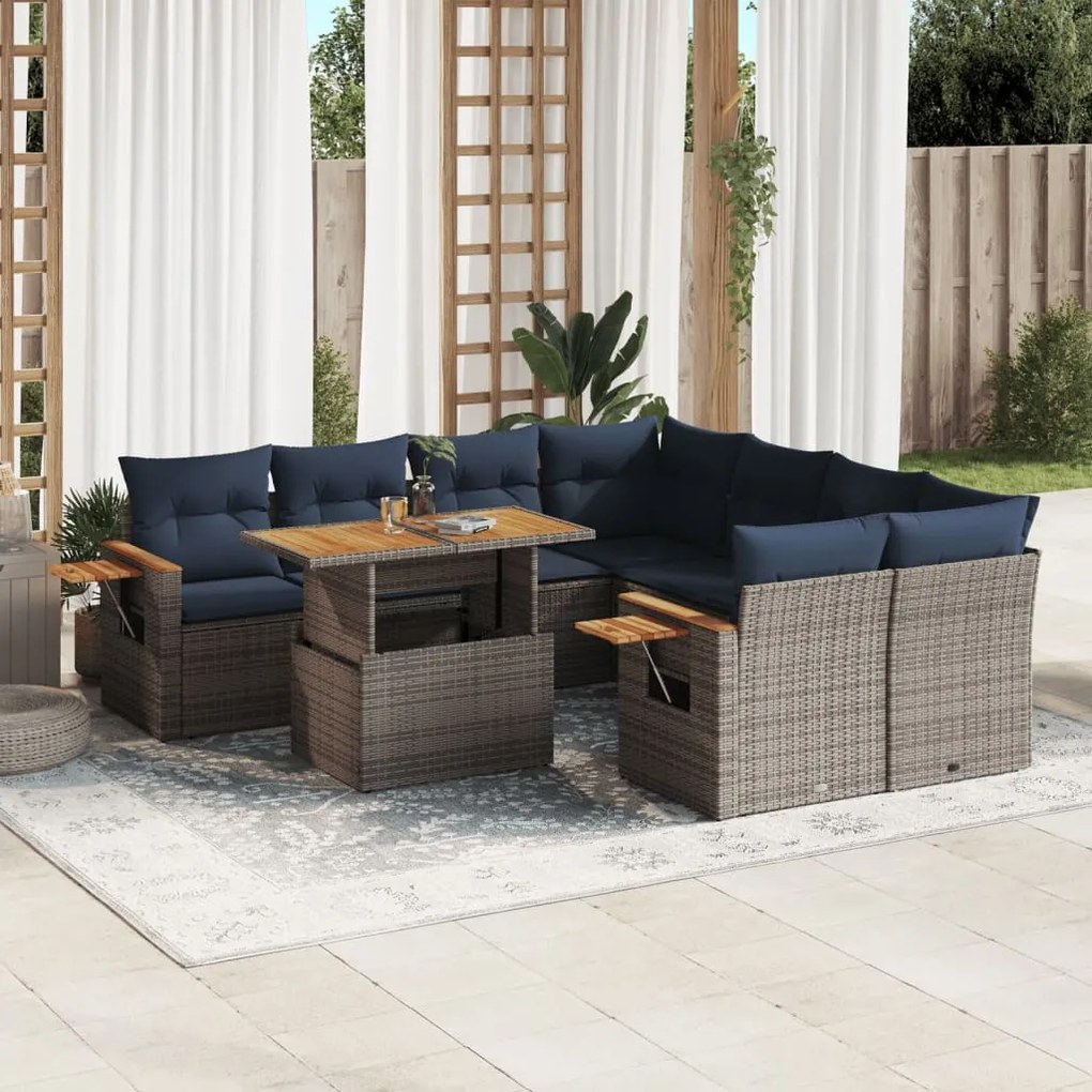 vidaXL 9 pcs conjunto sofás p/ jardim c/ almofadões vime PE cinzento