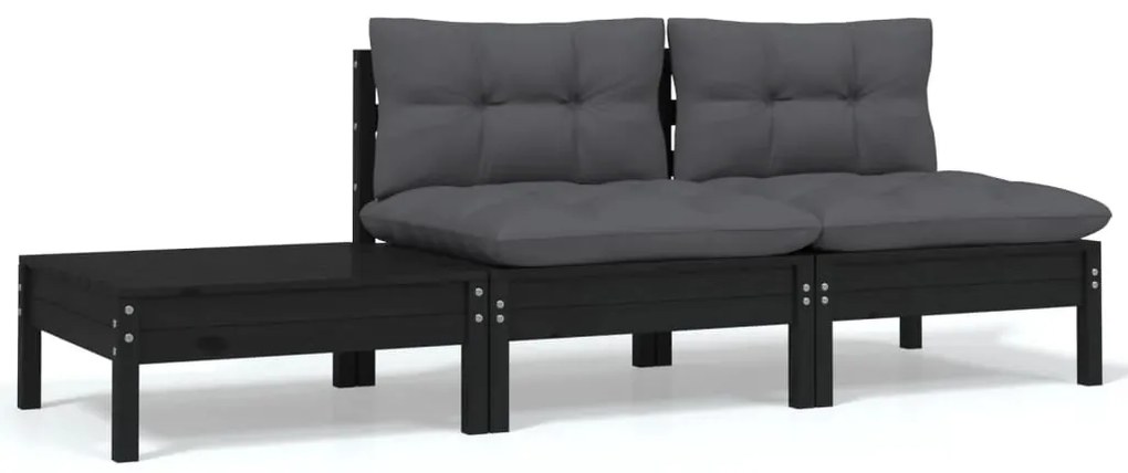 3 pcs conjunto lounge jardim c/ almofadões pinho maciço preto