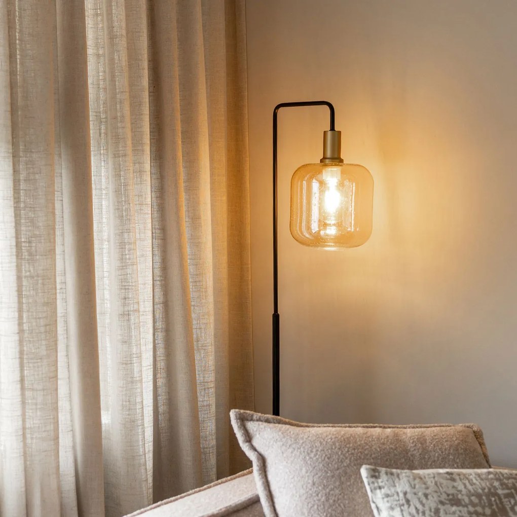 Candeeiro de pé design preto com latão e vidro âmbar - Zuzanna
