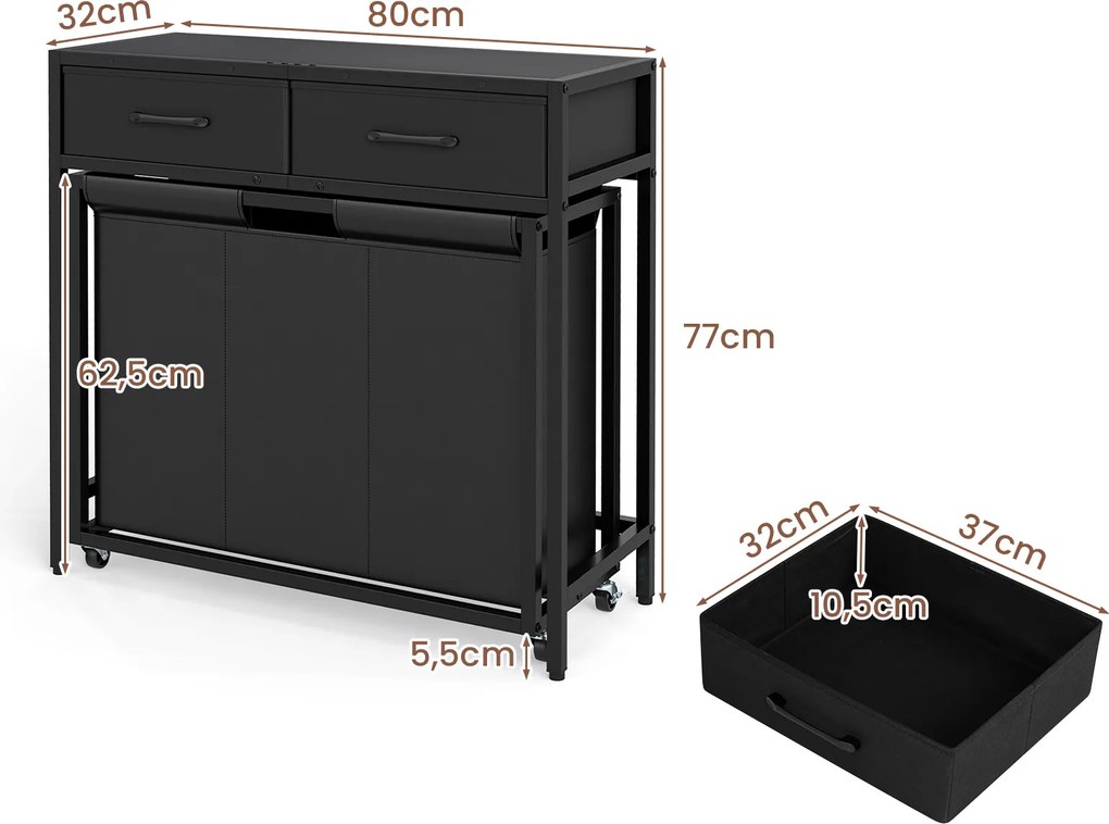 Cesto para Roupa Suja com Rodas, 80 x 32 x 77 cm, Três Compartimentos, Preto