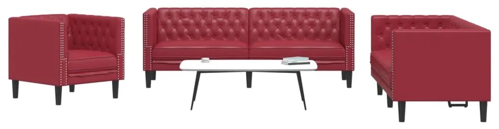 vidaXL 3 pcs conj. de sofás chesterfield couro artif. vermelho tinto
