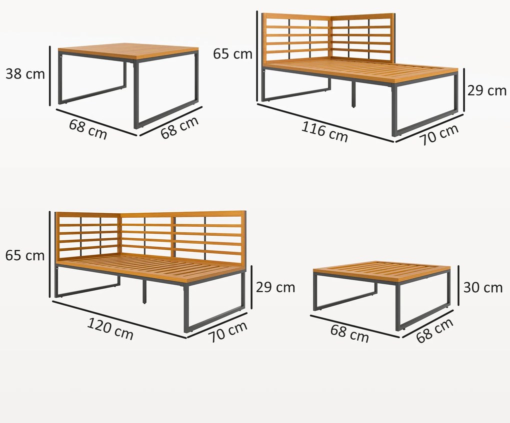 Conjunto de Jardim de 4 Peças em Forma de L com 2 Sofás de 2 Lugares Sofá de Canto e Mesa de Centro Cinza e Madeira
