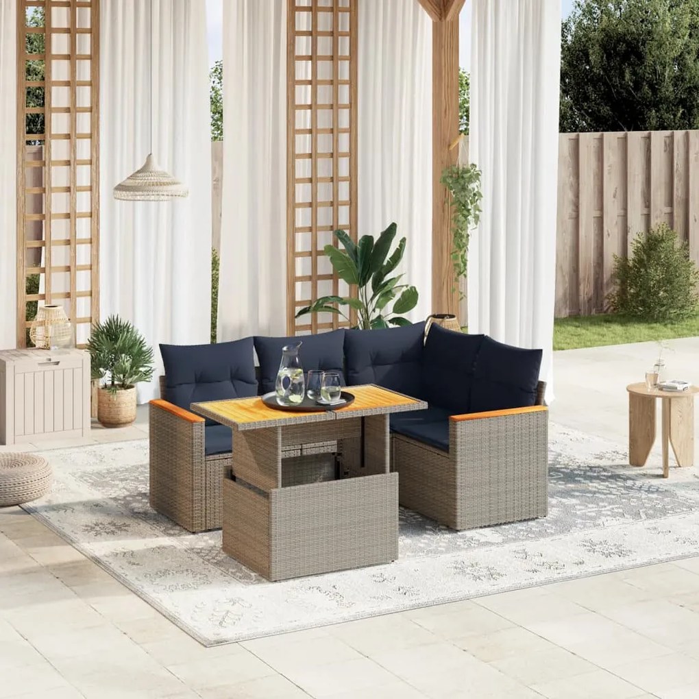 vidaXL 5 pcs conjunto sofás p/ jardim c/ almofadões vime PE cinzento