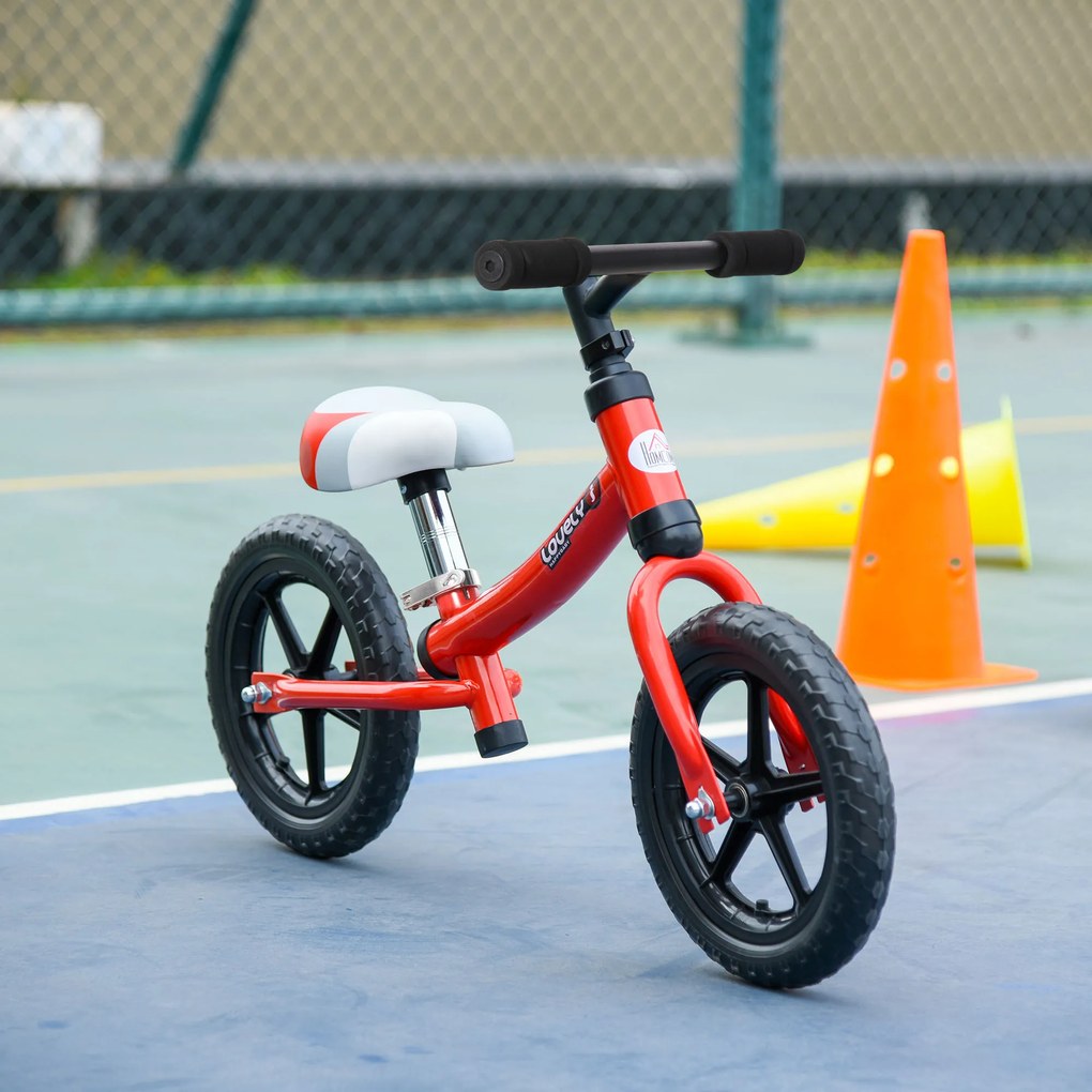 HOMCOM Bicicleta sem pedal para criança acima de 2 anos com selim ajustável em altura Pneus EVA máx. 25 kg Metal 65x33x46 cm Vermelho