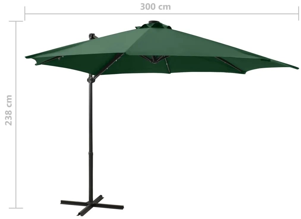Guarda-sol jardim cantilever c/ poste e luzes LED 300 cm verde