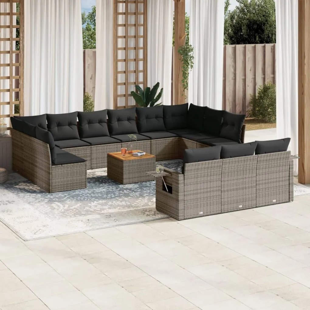14 pcs conjunto sofás p/ jardim c/ almofadões vime PE cinzento