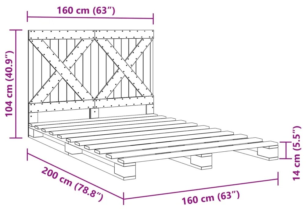 Estrutura de cama com cabeceira 160x200cm pinho maciço cinzento