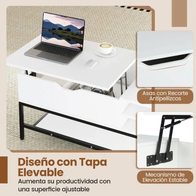 Mesa de centro elevável 99,5 x 49,5 x 47,5 cm com compartimento oculto com prateleira de armazenamento elevável Branca