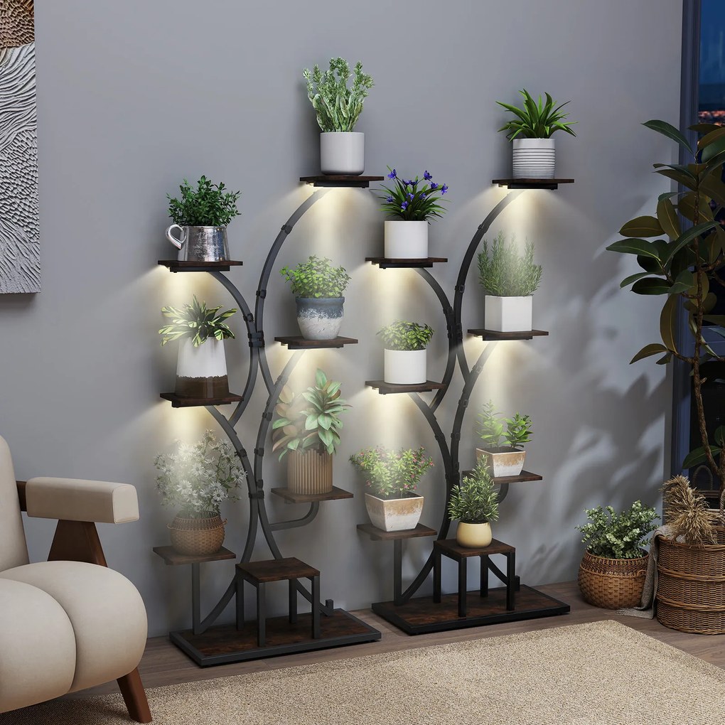 Conjunto de 2 suportes de 8 níveis para plantas, com luzes ajustáveis e temporizador, para varanda – 67 x 30 x 146 cm, castanho e preto