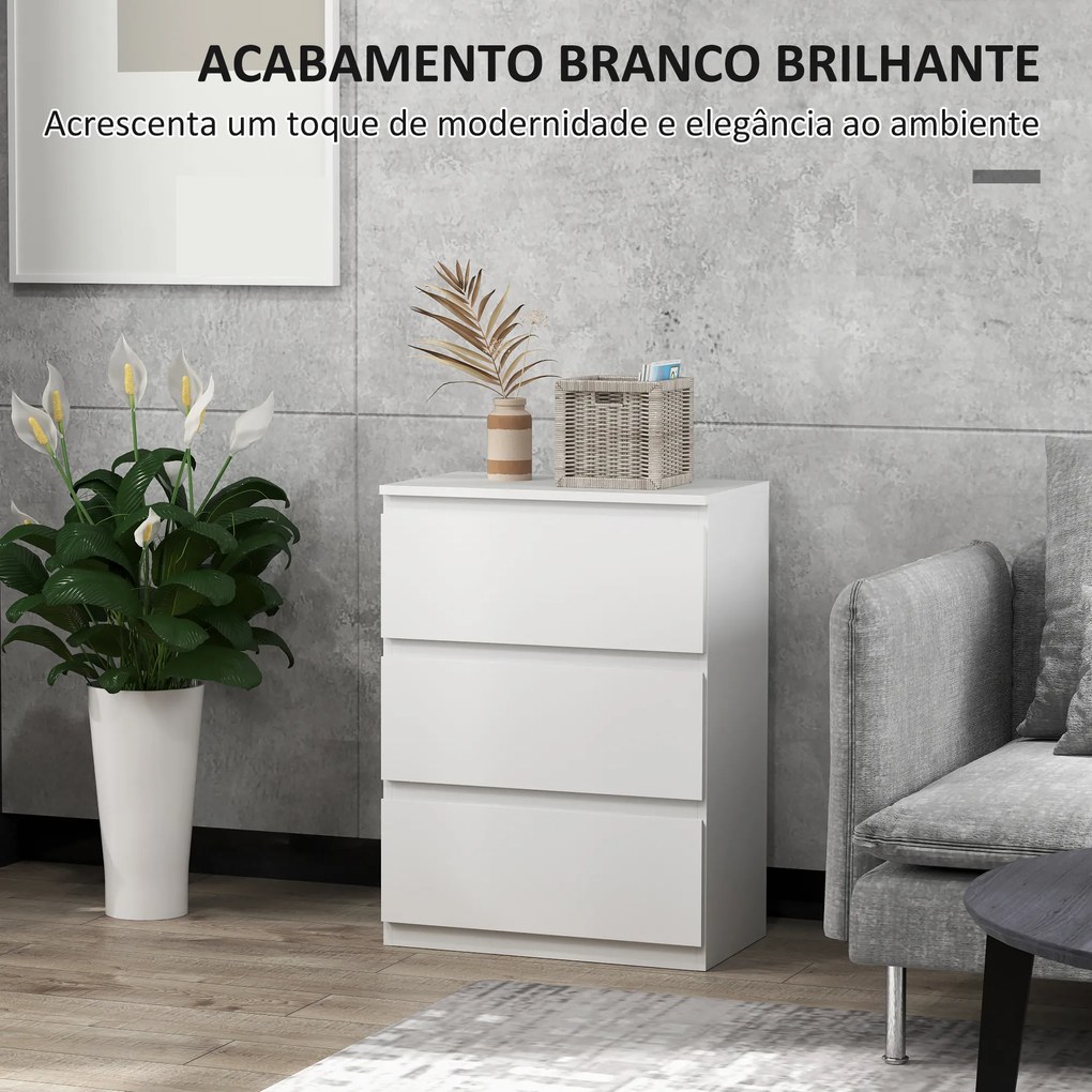 Cómoda com 3 Gavetas de Madeira Cómoda de Dormitório Cómoda Branca Estilo Moderno 55x34x75 cm Branco Brilhante