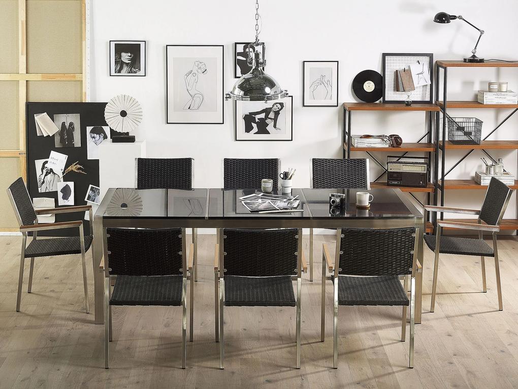 Conjunto de mesa com tampo triplo granito polido preto 220 x 100 cm e 8 cadeiras rattan sintético GROSSETO Beliani