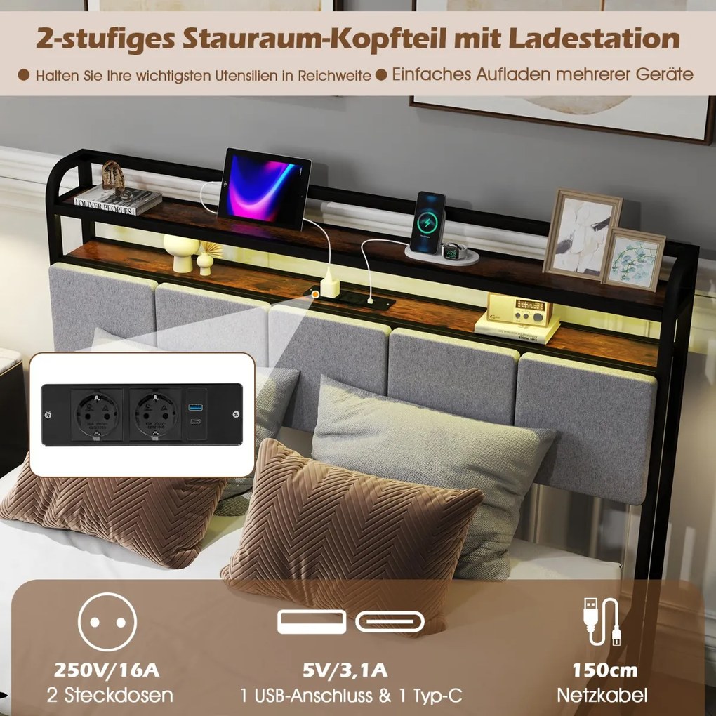 Estrutura de cama de casal estofada para cama de plataforma com colchão de 200 x 140 cm e cabeceira cinza