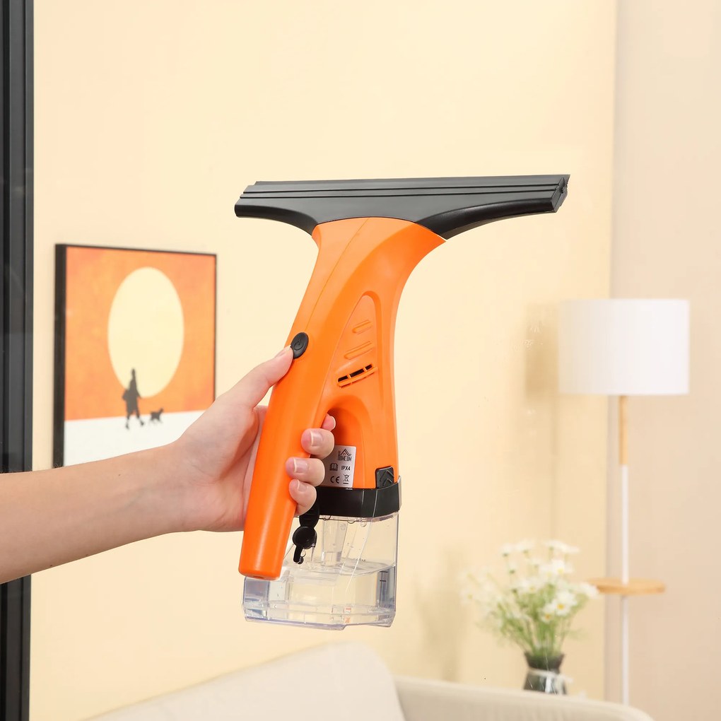 HOMCOM Limpa Vidros Elétrico 2 em 1 Aspirador Limpador de Vidros com Depósito de Água 300ml e Ponta de Borracha Inclui Pulverizador 19,5x12,5x33cm Laranja