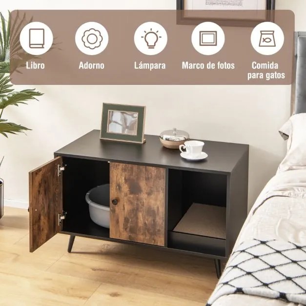 Armario Caixa de areia para gatos com portas, Estante aberta e poste para arranhar gatos 90 x 50 x 54 cm Preto e Castanho