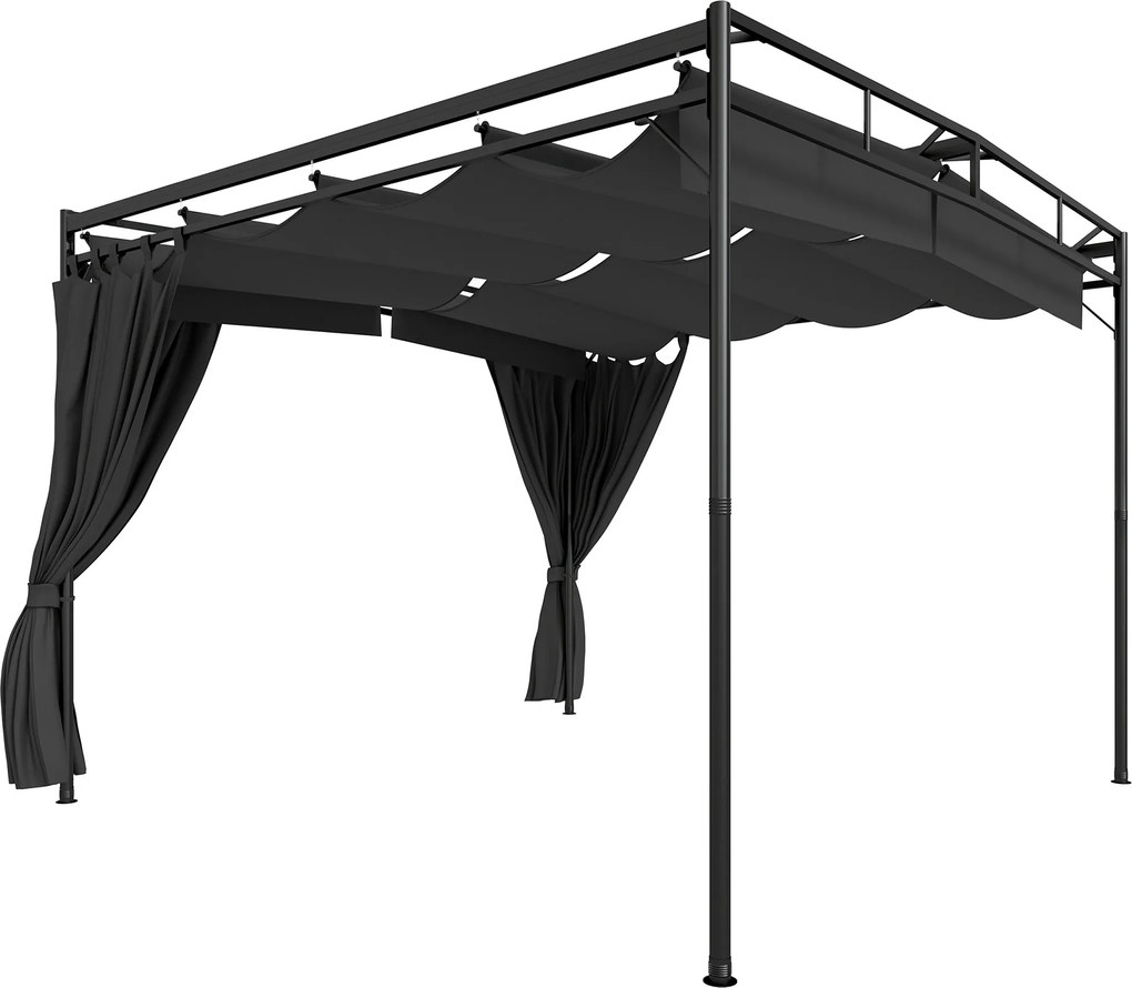 Outsunny Pérgola Pavilhão 3x3m Repelente de Água Proteção Solar com Toldo Retrátil Ajustável e Cortinas, Autoportante | Aosom Portugal