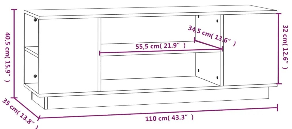 Móvel de TV 110x35x40,5 cm madeira de pinho maciça branco