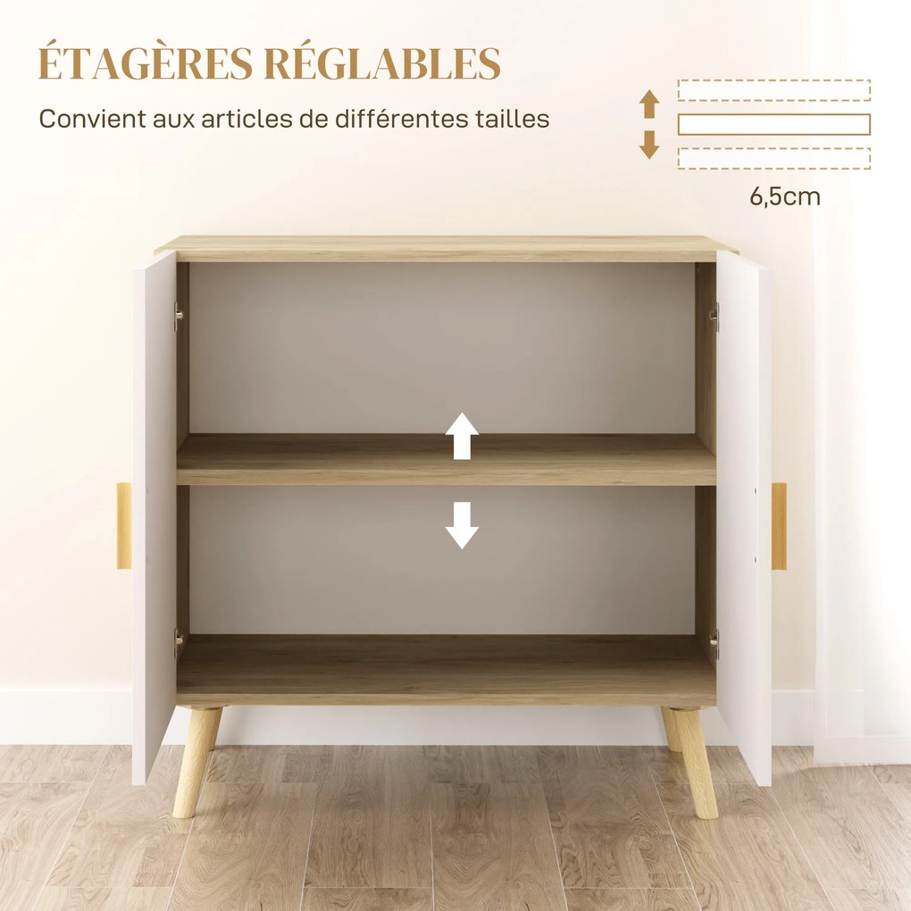 Aparador com puxadores de bambu, prateleira ajustável e base elevada – 76 x 41,2 x 74 cm, branco e cor madeira natural