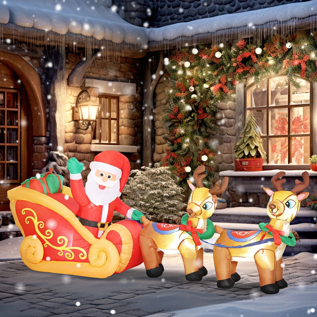 Pai Natal Insuflável com Trenó e Renas Insufláveis de Natal com Luzes LED para Exterior e Interior 240x75x100 cm Multicor