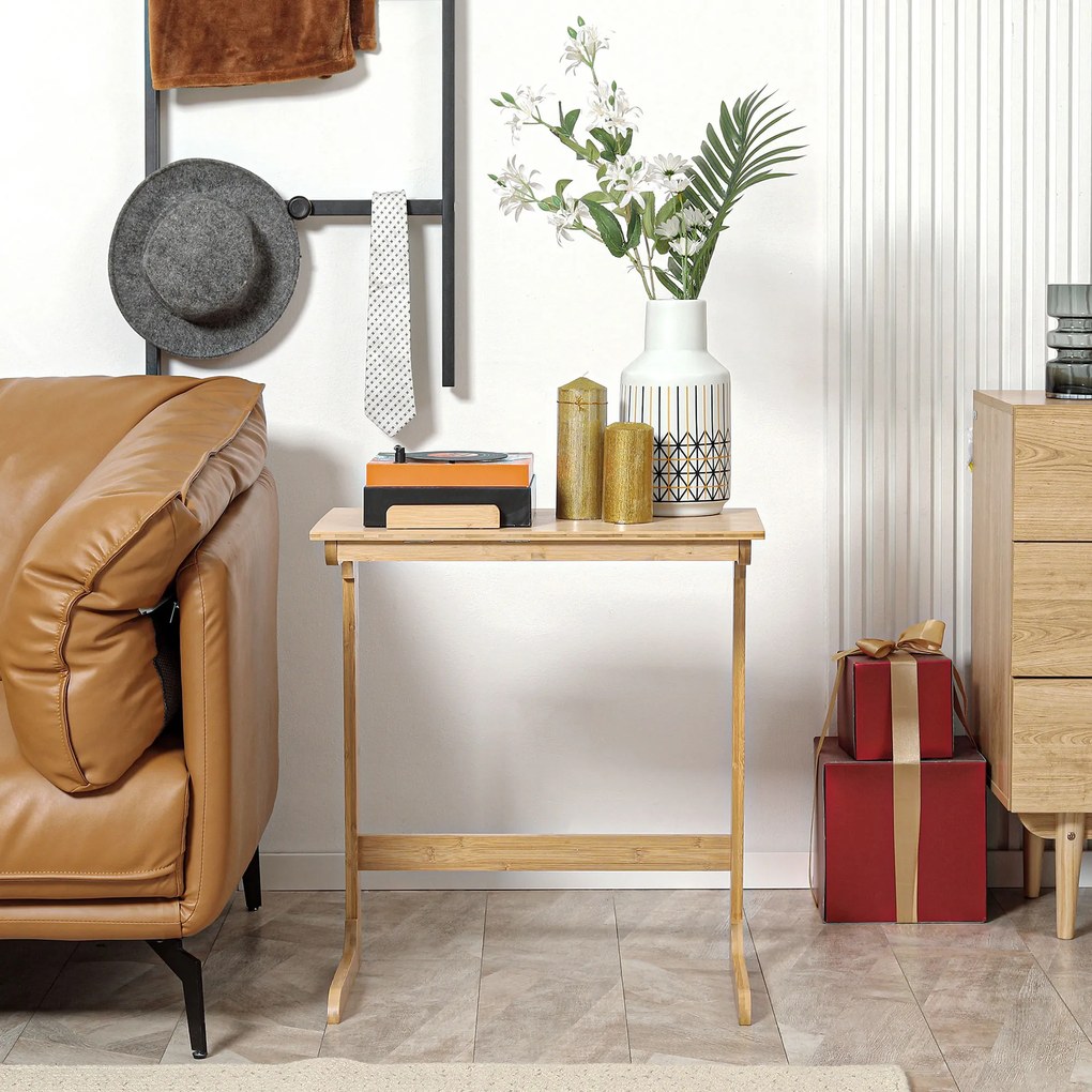 HOMCOM Mesa Auxiliar de Bambu Mesa em Forma de C com Bancada Abatível e Ângulo Ajustável 140-180° para Sala de Estar Dormitório 60x33x67cm Madeira