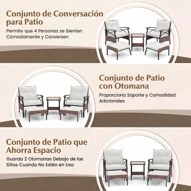 Conjunto de móveis jardim de vime de 5 peças com pufes, almofadas e mesa auxiliar de vidro temperado de 2 níveis para jardim, varanda, Castanho e Bege
