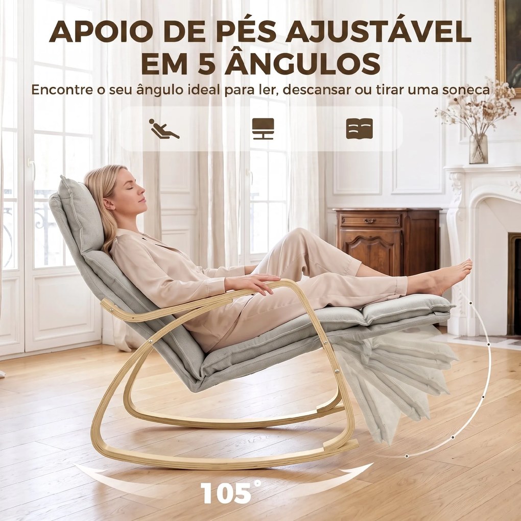 Cadeirão de Baloiço com Apoio para os Pés Ajustável 5 Posições Apoios de Braços em Madeira Acolchoamento Duplo Cinza Claro