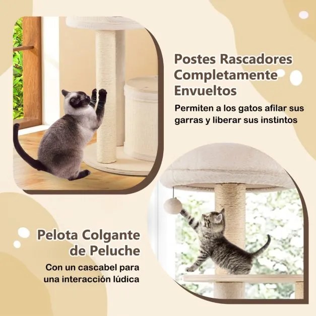 Arranhador para gatos 58 x 152 cm com postes de sisal e tapete 2 cavernas, Brinquedo suspenso Almofada lavável de pelúcia para interior Natural