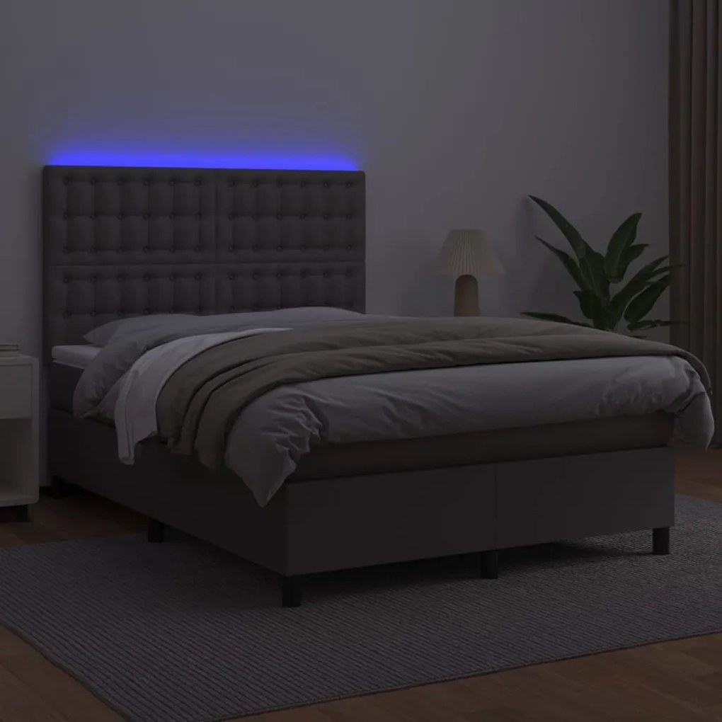 Cama box spring c/ colchão/LED 140x190cm couro artificial cinza