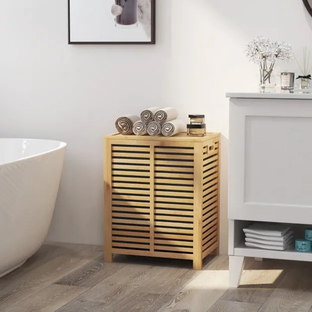 Cesto para roupa suja de bambu 80 L Organizador de roupa suja de bambu ripas para lavandaria Quarto e casa de banho 50 x 35 x 62 cm Natural