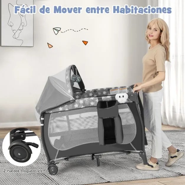 Berço de viagem dobrável 5 em 1 Centro de berçário portátil para bebés com Moisés Berço Trocador Toldo Música Rodas 102 x 72 x 74 cm Cinzento