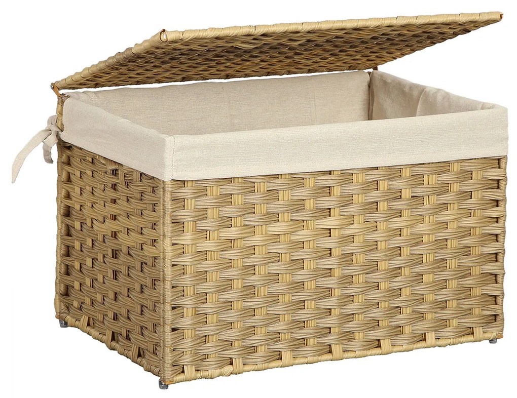 Caixa de armazenamento estilo rattan SONGMICS, cesto de armazenamento interno, cesto de lixo de 65 L, lixeira decorativa com alças de forro na tampa, baú de armazenamento, retangular, armário de quarto e lavanderia, natural RST56NL