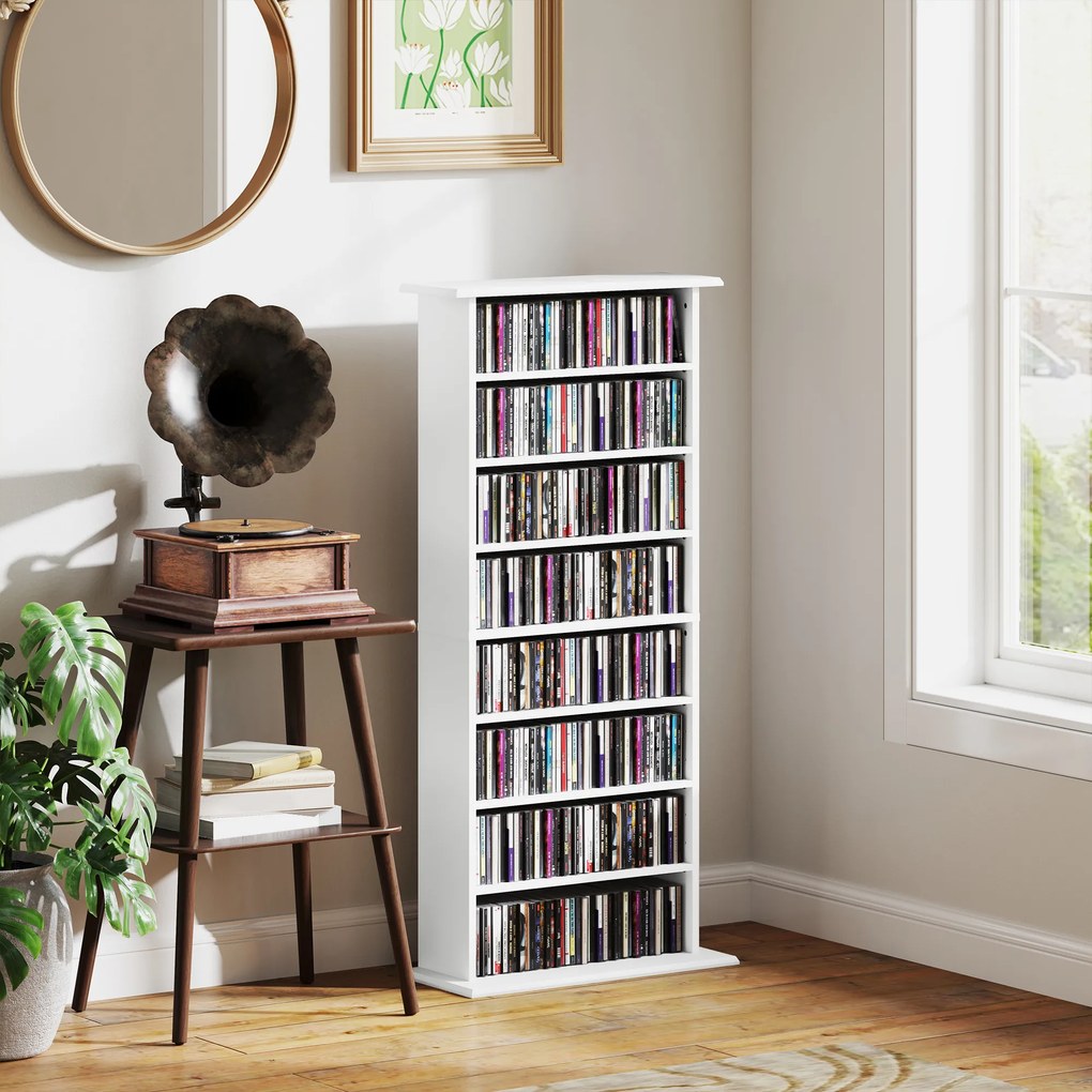 Organizador para CDs e DVDs com 8 compartimentos e 6 prateleiras ajustáveis 58 x 24 x 126,3 cm, capacidade máxima de 360 CDs/185 DVDs e Blu-rays, bran