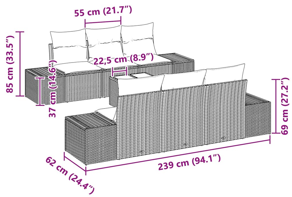 Conjunto de Sofá de Jardim com 7 Peças e Almofadas Cinzento Claro em R
