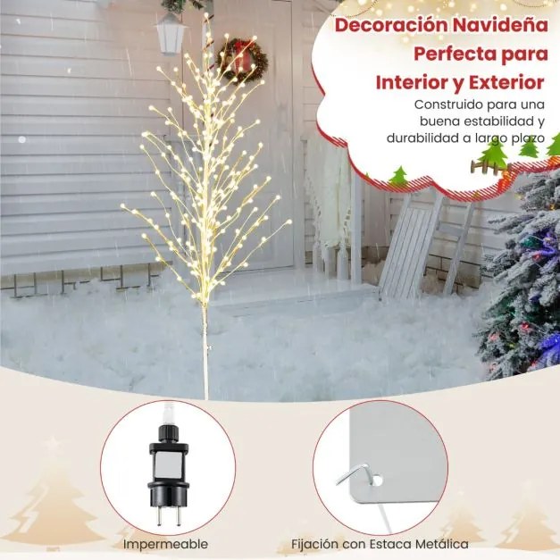 Árvore de Natal de bétula iluminada com 168 luzes LED brancas quentes e base metálica para interior e exterior, 180 cm