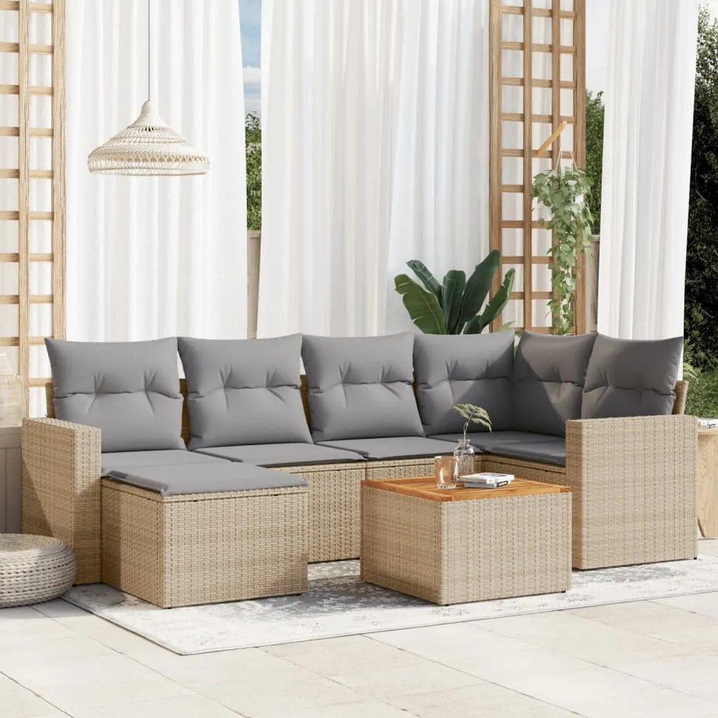 7 pcs conj. sofás jardim c/ almofadões vime PE bege misturado