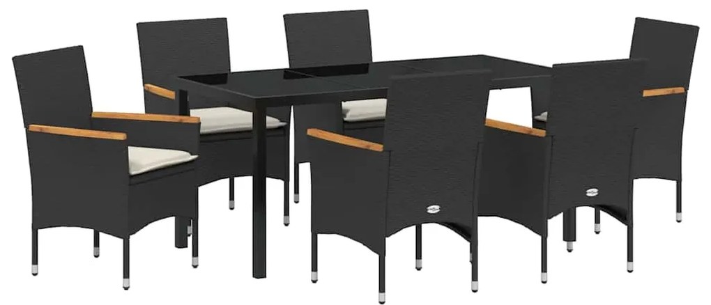 Conjunto de Jantar de Jardim de 7 Peças com Almofadas Pretas em Rattan