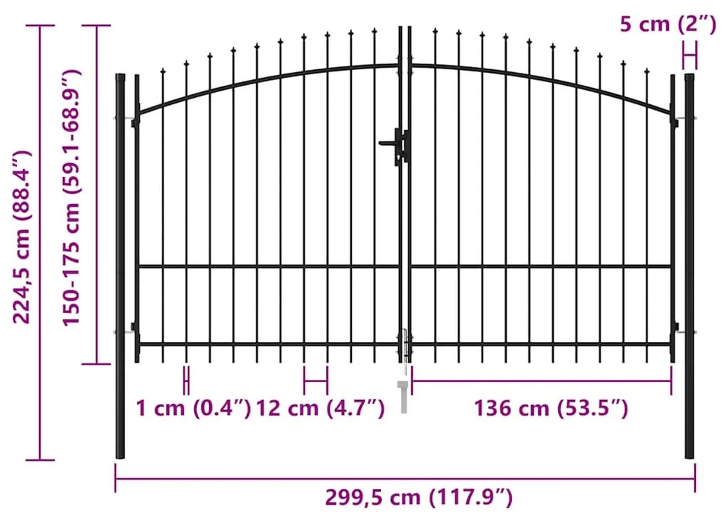 Portão p/ cerca porta dupla topo em espetos 3x1,75 m aço preto