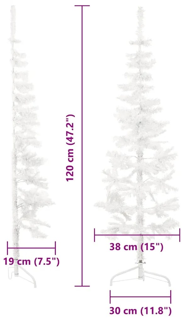 Meia árvore de Natal fina com suporte 120 cm branco