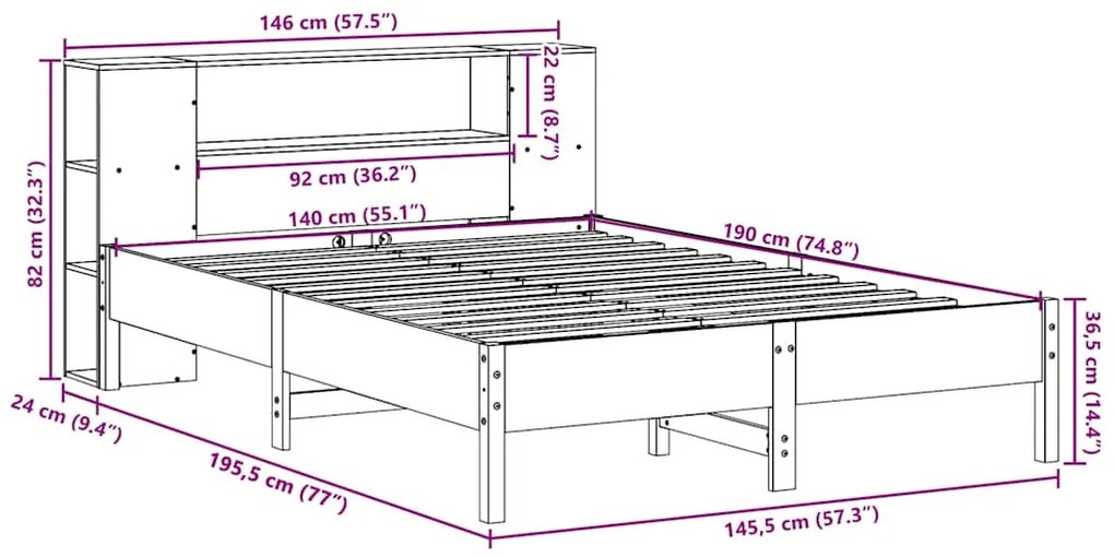 Cama com estante sem colchão 140x190 cm pinho maciço branco