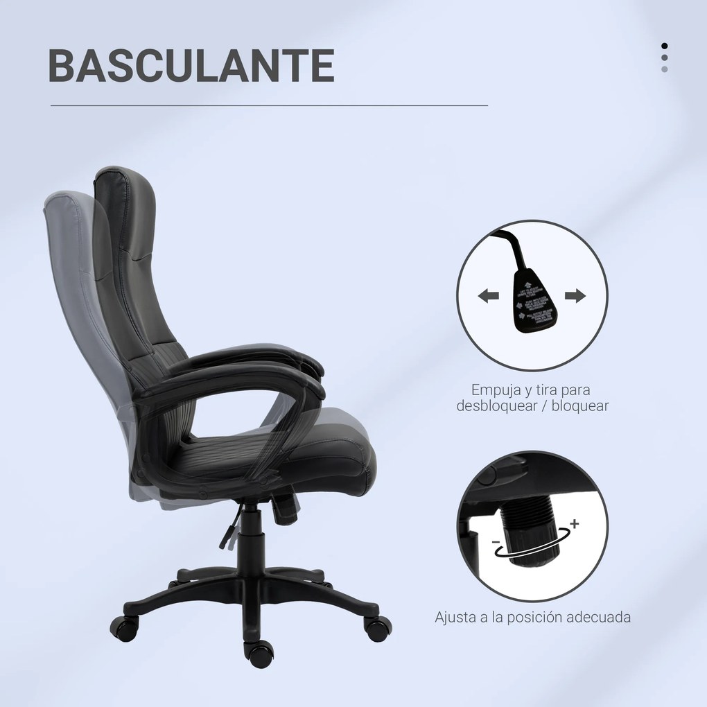 Vinsetto Cadeira de Escritório Ergonômica Cadeira de Escritório Basculante e Giratória 360° com Altura Ajustável Encosto Alto e Apoio para os Braços Pele Sintética 61,5x66x113-123cm Preto