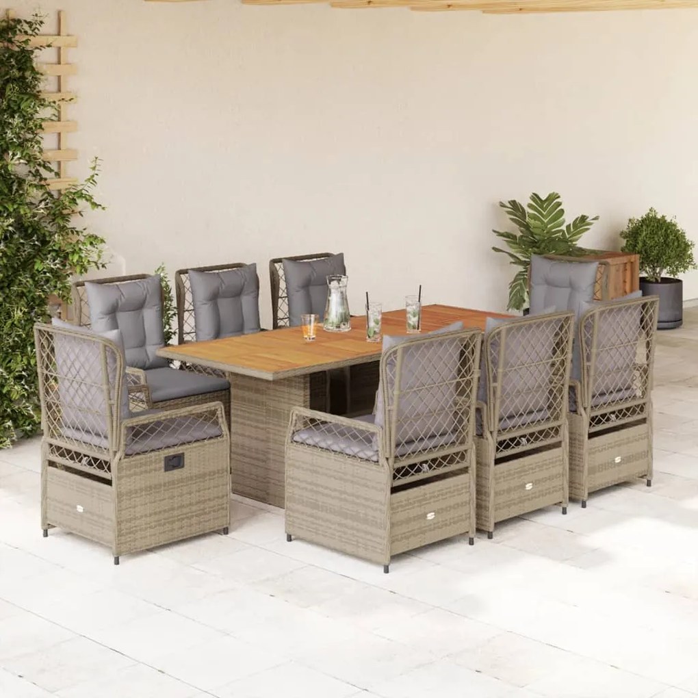 vidaXL 9 pcs conjunto de jantar p/ jardim com almofadões vime PE bege