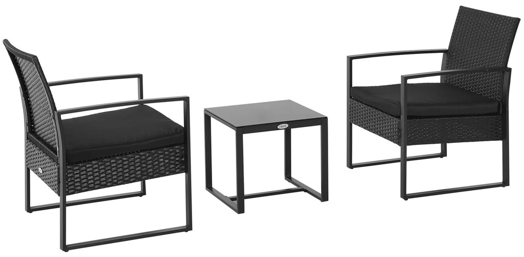Conjunto de Jardim de Vime 3 Peças 1 Mesa 42,5x40x39 cm 2 Poltronas 63x57x76 cm Almofada Acolchoada para Pátio Varanda Preto