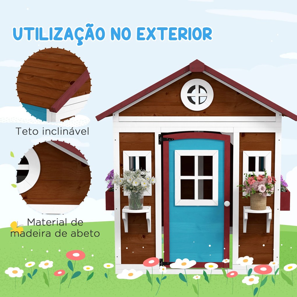 Casinha de Madeira Infantil com Porta Janelas Floreiras e Prateleiras com Detalhes de Cor 114x126,4x135 cm Castanho Escuro
