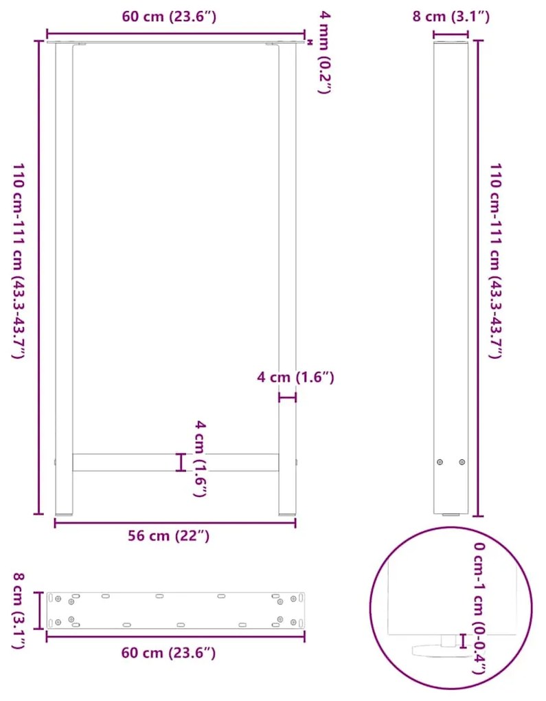Pés de mesa de bar em aço natural, 2 peças, 60x (110-111) cm, aço
