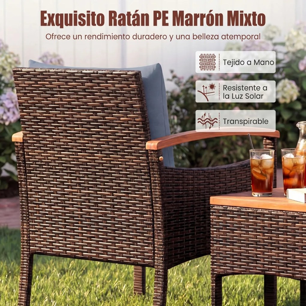 Conjunto de 3 peças para jardim em vime e rattan, com cadeiras com braços, mesa auxiliar em madeira de acácia e almofadas em castanho misturado e cinz