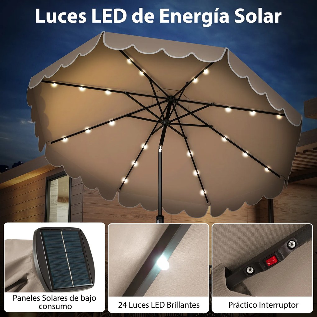 Guarda-sol de pátio de 300 cm com 24 luzes LED, parte superior ventilada, folhos e ajuste de inclinação, café