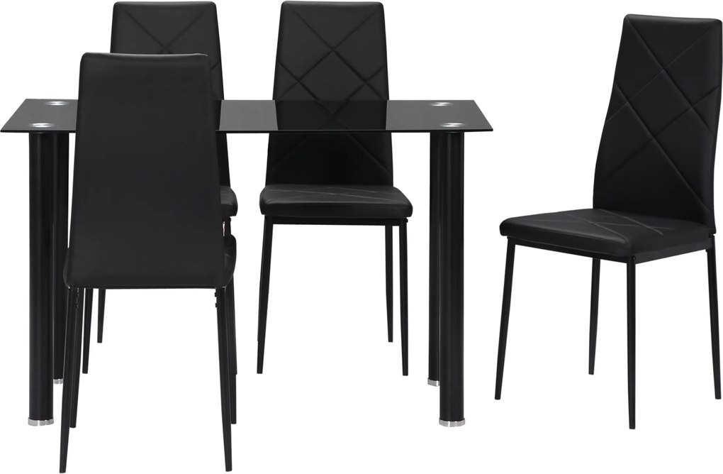 Conjunto de mesa de jantar com 4 cadeiras, tampo em vidro temperado e pés em aço, para cozinha ou sala de estar, na cor preta