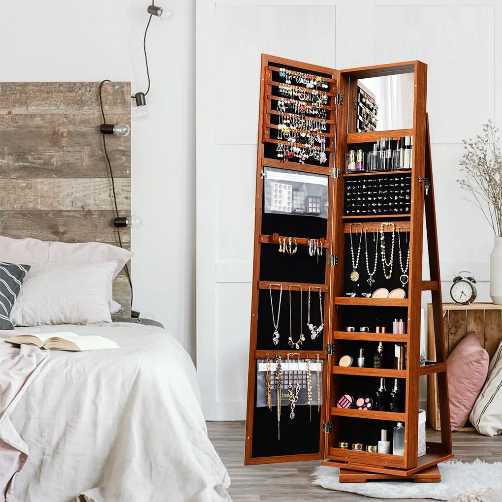 Armário de joias espelhado de corpo inteiro gira 360° com prateleiras de exposição abertas - Marrom - Café