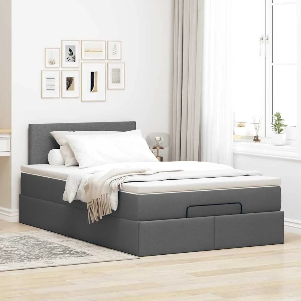 Cama otomana com colchão&LEDs 120x190 cm tecido cinzento escuro