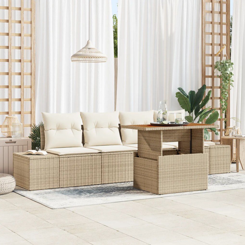 Conjunto de Sofá de Jardim de 5 Peças com Almofadas Bege Poliratan