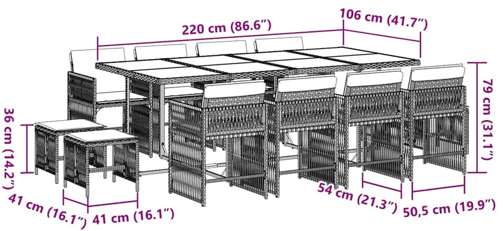 13 pcs conjunto jantar p/ jardim c/ almofadões vime PE cinzento